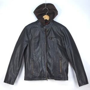 Levi's Hooded Faux Leather‎ Jacket Men's Biker Brown Quilted Layered Grunge FLAW